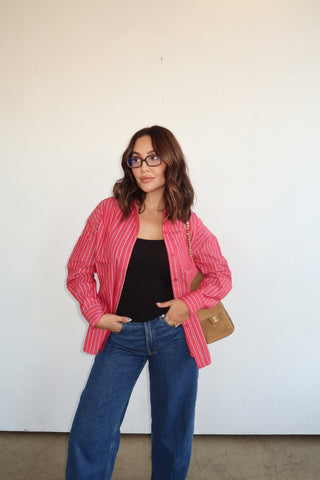 RED STRIPED BUTTON UP